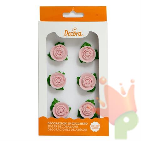 ROSE CON FOGLIE IN ZUCCHERO ROSA 6PZ