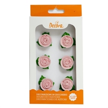 ROSE CON FOGLIE IN ZUCCHERO ROSA 6PZ