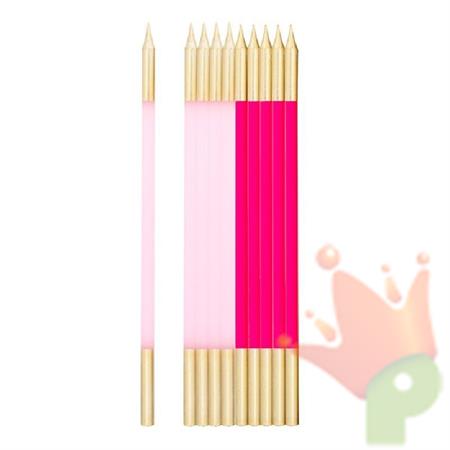 CANDELINE + SUPPORTO FUCSIA/ROSA E ORO 15,5CM 10PZ
