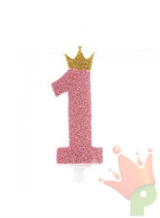 CANDELINA 1 ROSA GLITTER CON CORONA ORO 9,5CM