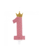 CANDELINA 1 ROSA GLITTER CON CORONA ORO 9,5CM