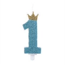 CANDELINA 1 AZZURRA GLITTER CON CORONA ORO 9,5CM