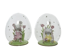 UOVO IN VETRO 8,5X11,5CM CON CONIGLIO INTERNO ROSA/GIALLO