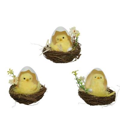 DECORAZIONE PULCINO CON NIDO E UOVO GOMMA PIUMA 8.5CM ASS.3