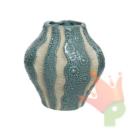 VASO IN CERAMICA AZZURRO-BIANCO TONDO PUNTO LUCIDO H.17,5X12,5CM