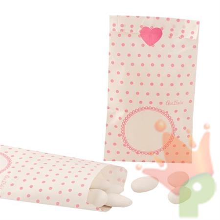 SACCHETTI CARTA 8X14 CM POIS ROSA CON ADESIVO CUORE 10 PZ