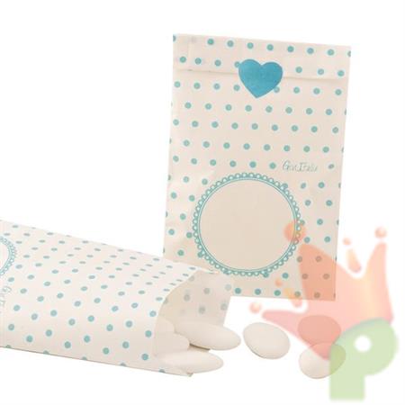 SACCHETTI CARTA 8X14 CM POIS CELESTE CON ADESIVO CUORE 10 PZ