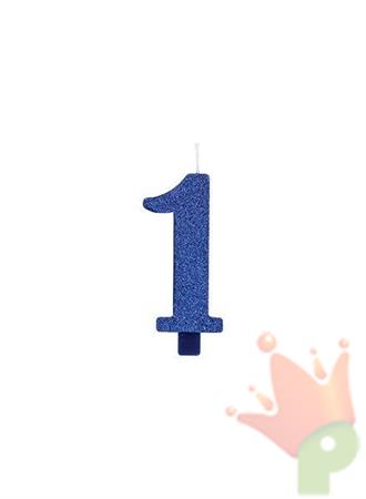 CANDELINA 9 CM NUMERO 1 BLU GLITTER