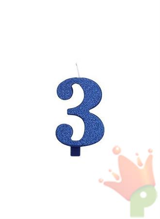 CANDELINA 9 CM NUMERO 3 BLU GLITTER