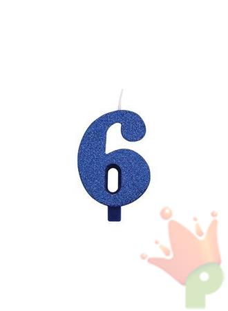CANDELINA 9 CM NUMERO 6 BLU GLITTER