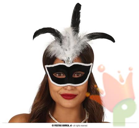 MASCHERA VELLUTO NERO CON PIUMA BIANCA