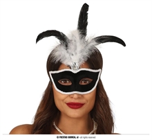 MASCHERA VELLUTO NERO CON PIUMA BIANCA