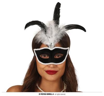 MASCHERA VELLUTO NERO CON PIUMA BIANCA