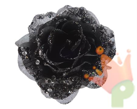 ROSA CON CLIPS NERA GLITTER 14 CM