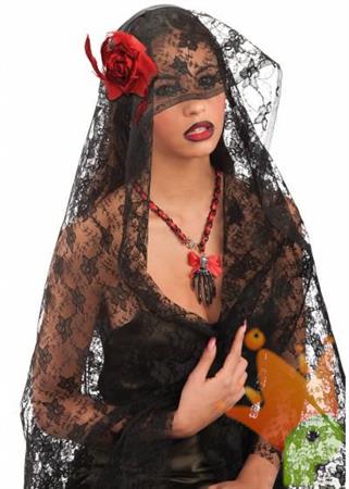 CERCHIETTO CON VELO NERO IN PIZZO CON ROSA ROSSA