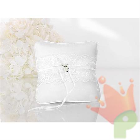 CUSCINO PORTAFEDI BIANCO IN TESSUTO CON PIZZO E ROSE 16X16 CM