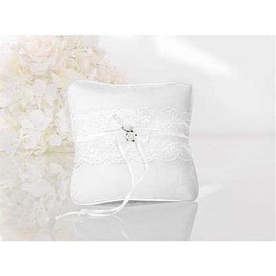 CUSCINO PORTAFEDI BIANCO IN TESSUTO CON PIZZO E ROSE 16X16 CM