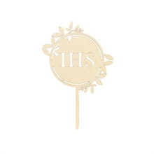 CAKE TOPPER COMUNIONE IHS IN LEGNO 15,5X23 CM