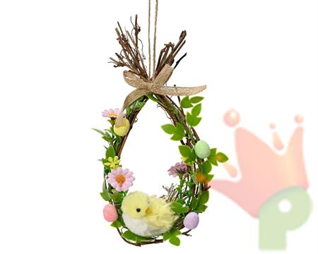 GHIRLANDA PASQUALE IN RATTAN CON FOGLIE FIORI E UCCELLO 20X10