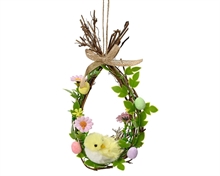 GHIRLANDA PASQUALE IN RATTAN CON FOGLIE FIORI E UCCELLO 20X10