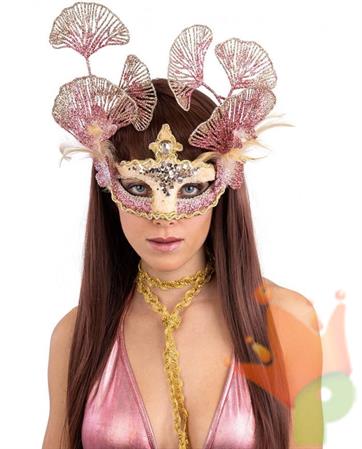MASCHERA VENEZIANA VELLUTINO GLITTER ROSA E DECORAZIONI FLOREALI