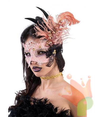 MASCHERA VENEZIANA CON PIZZO ROSA GLITTER E PIUME