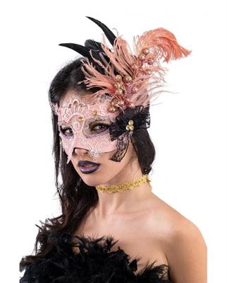 MASCHERA VENEZIANA CON PIZZO ROSA GLITTER E PIUME