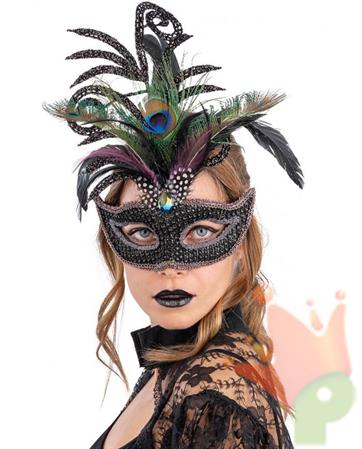 MASCHERA VENEZIANA NERA CON STRASS GLITTER E PIUME