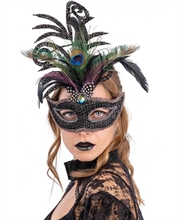 MASCHERA VENEZIANA NERA CON STRASS GLITTER E PIUME