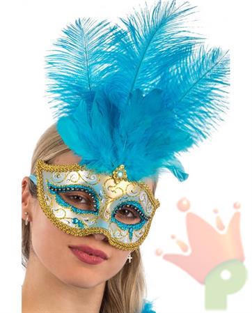 MASCHERA VENEZIANA PLASTICA CON GLITTER AZZURRO/ORO GEMME PIUME