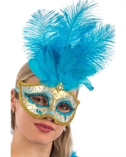 MASCHERA VENEZIANA PLASTICA CON GLITTER AZZURRO/ORO GEMME PIUME