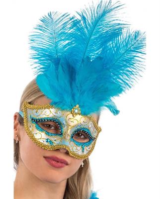 MASCHERA VENEZIANA PLASTICA CON GLITTER AZZURRO/ORO GEMME PIUME