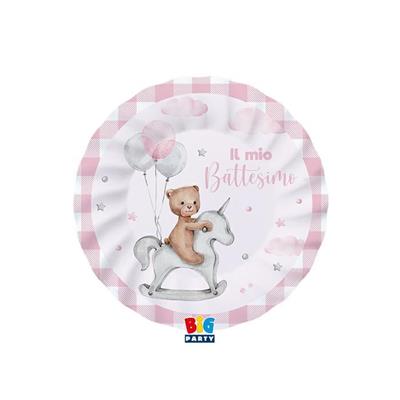 PIATTI BATTESIMO TEDDY BEAR ROSA 20 PZ 8 CM