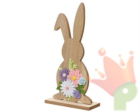 SAGOMA CONIGLIETTO IN LEGNO CON FIORI IN FELTRO H.28,5X14,5X6 CM