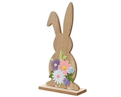 SAGOMA CONIGLIETTO IN LEGNO CON FIORI IN FELTRO H.28,5X14,5X6 CM