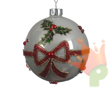 PALLINA PER ALBERO DECORATA BIANCA CON FIOCCO D. 8CM