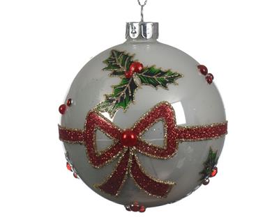 PALLINA PER ALBERO DECORATA BIANCA CON FIOCCO D. 8CM