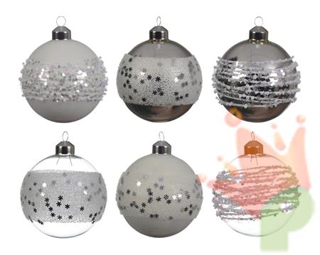 PALLINE DI NATALE BIANCHE ARGENTO DECORATE 8 CM 6 ASS.