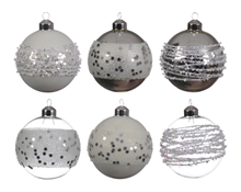 PALLINE DI NATALE BIANCHE ARGENTO DECORATE 8 CM 6 ASS.