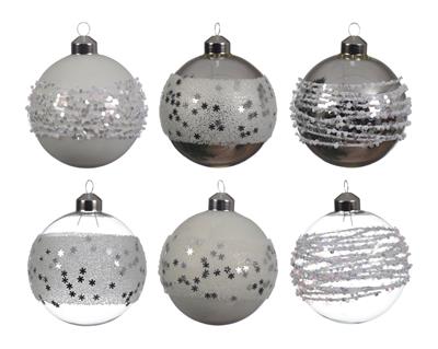 PALLINE DI NATALE BIANCHE ARGENTO DECORATE 8 CM 6 ASS.