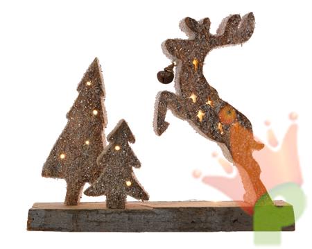 TRONCO CON FIGURA RENNA E ALBERO FROSTED CON LUCI 7x13x37cm