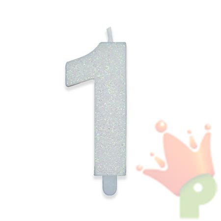 CANDELINA NUMERO 1 DI CERA SWEETY BIANCO GLITTER