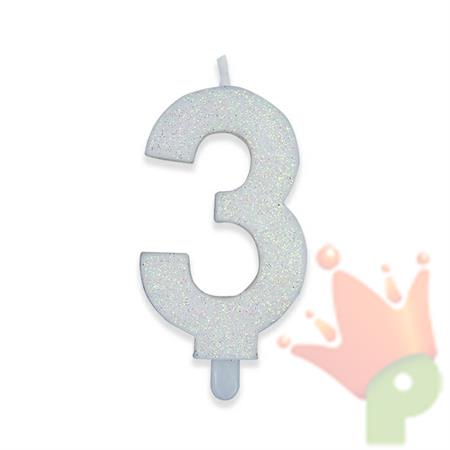 CANDELINA NUMERO 3 DI CERA SWEETY BIANCO GLITTER