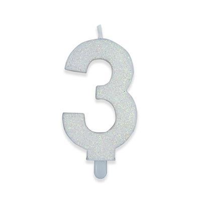 CANDELINA NUMERO 3 DI CERA SWEETY BIANCO GLITTER