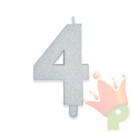 CANDELINA NUMERO 4 DI CERA SWEETY BIANCO GLITTER