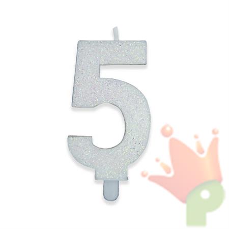 CANDELINA NUMERO 5 DI CERA SWEETY BIANCO GLITTER
