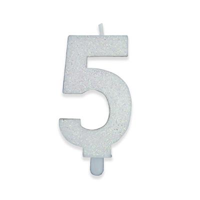 CANDELINA NUMERO 5 DI CERA SWEETY BIANCO GLITTER