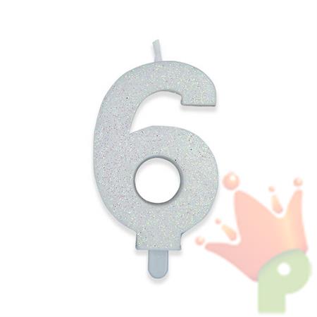 CANDELINA NUMERO 6 DI CERA SWEETY BIANCO GLITTER