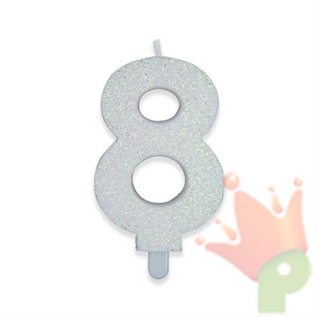 CANDELINA NUMERO 8 DI CERA SWEETY BIANCO GLITTER