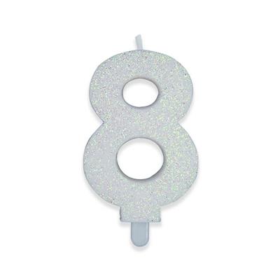 CANDELINA NUMERO 8 DI CERA SWEETY BIANCO GLITTER